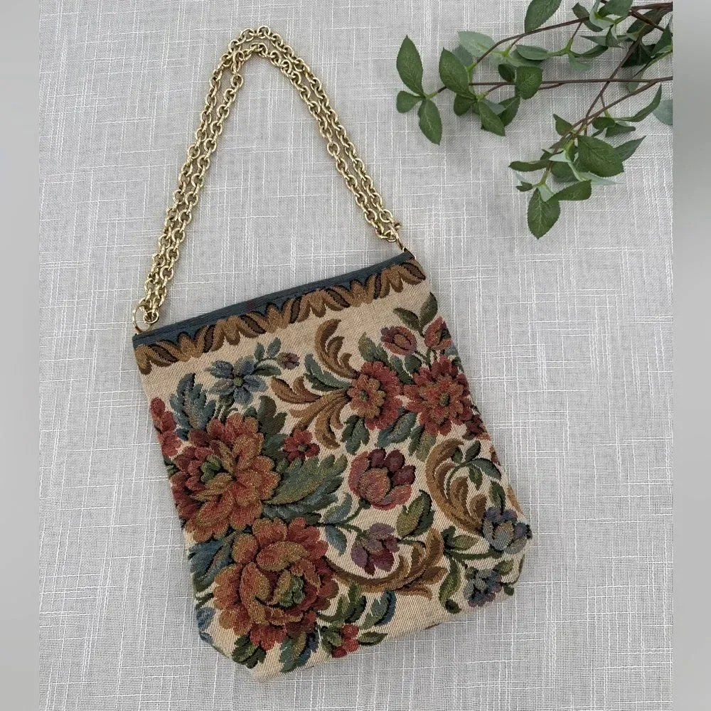 Vintage Italian Tapestry Shoulder Bag Gold Chain Strap Floral Carpet Style Purse